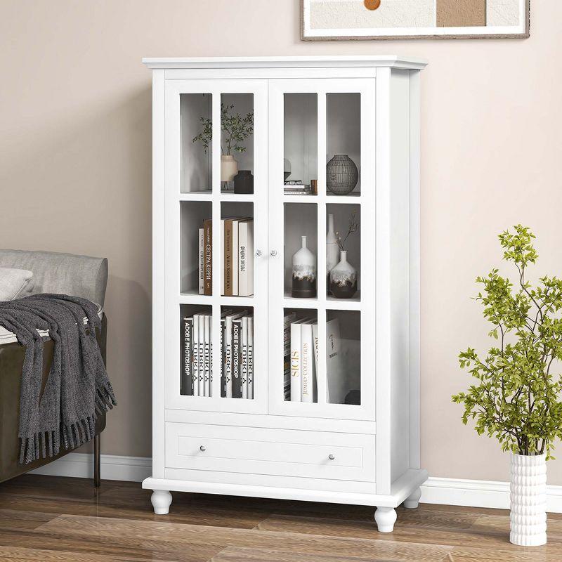 Costway Bookcase Cabinet Storage Bookshelf Organizer Tempered Glass Doors Shelf Drawer White/Black