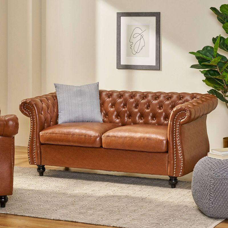 Cognac Brown Faux Leather Chesterfield Loveseat with Nailhead Trim