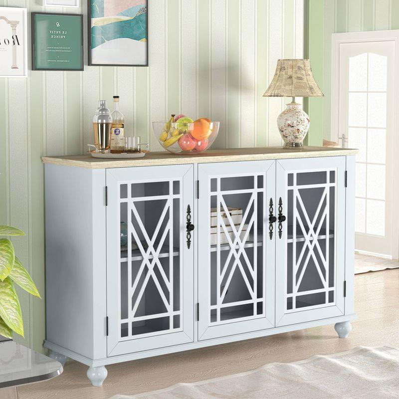 Grayish-White Vintage Wood and Glass Sideboard Cabinet