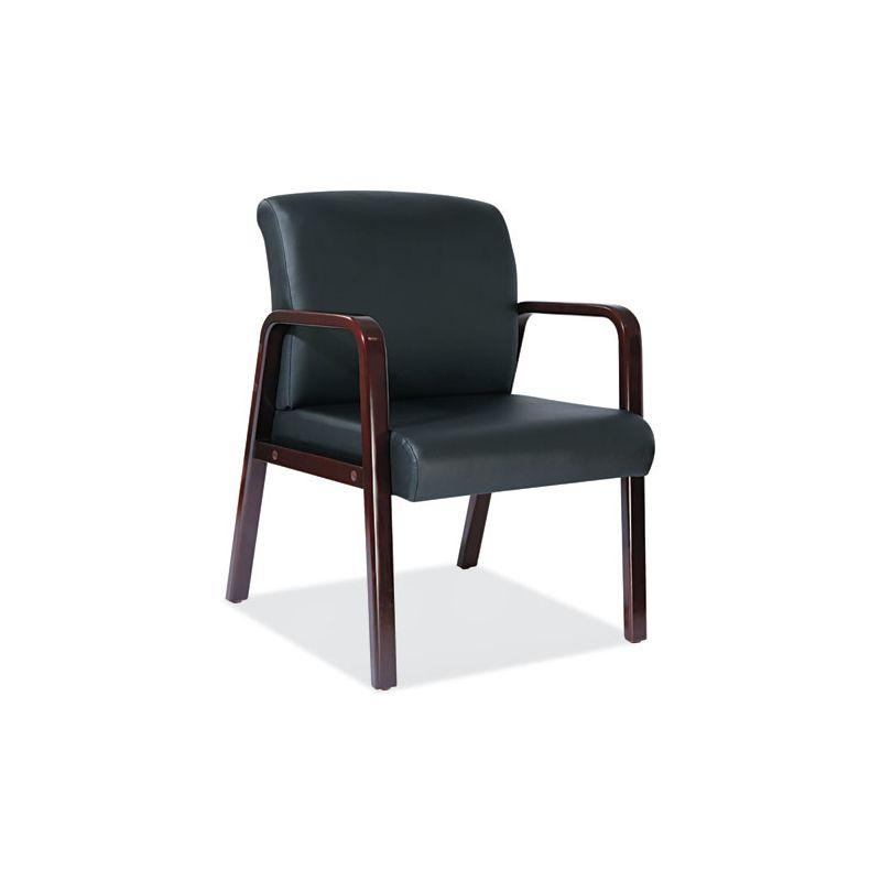 Elegant Mahogany Wood Guest Chair with Fixed Black Leather Arms