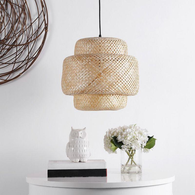 Klara Coastal-Chic Black LED Drum Pendant with Natural Rattan Shade