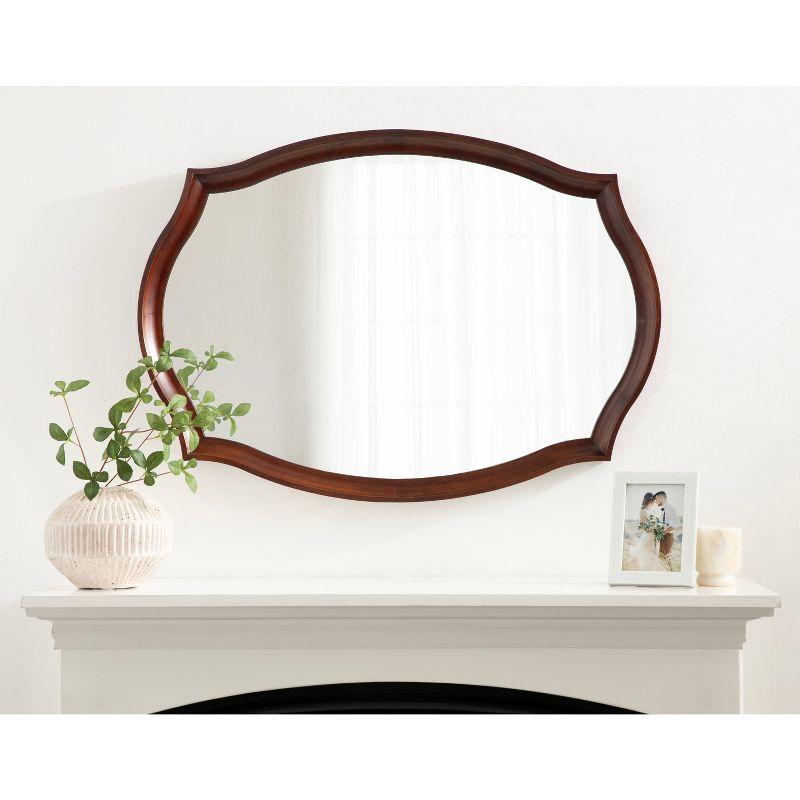 Walnut Brown Scalloped Oval Wood Bathroom Vanity Mirror