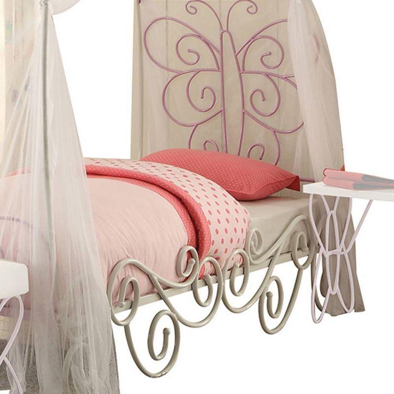 85" Twin Bed White Light Purple - Acme Furniture: Butterfly Headboard, Canopy Curtains, Chrome Frame