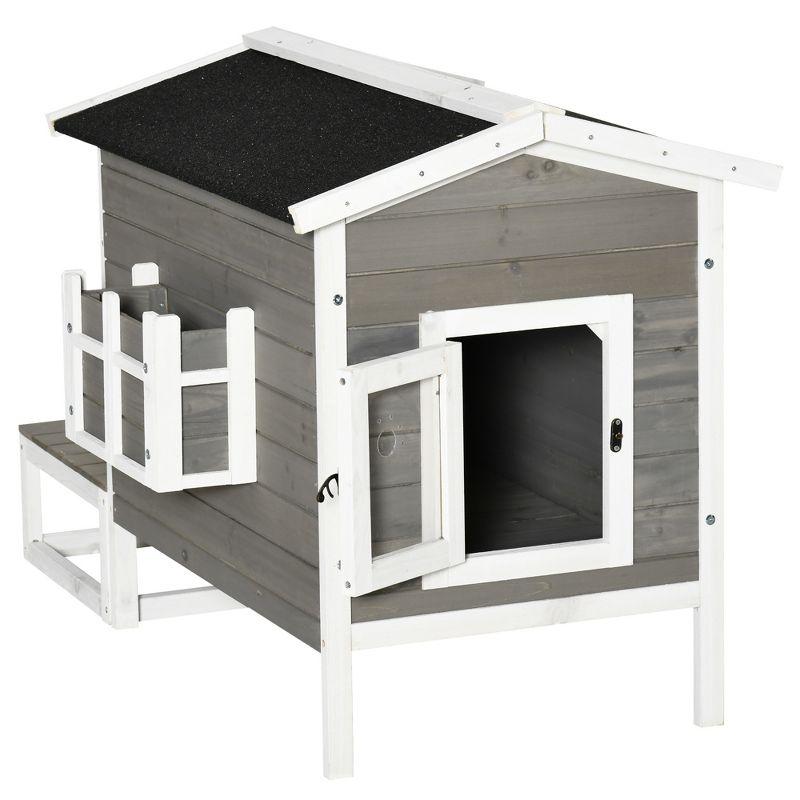 PawHut Wooden Wooden Cat House Feral Cat Shelter Kitten Condo with Escape Door, Porch and Flower Stand - Dark Gray/White