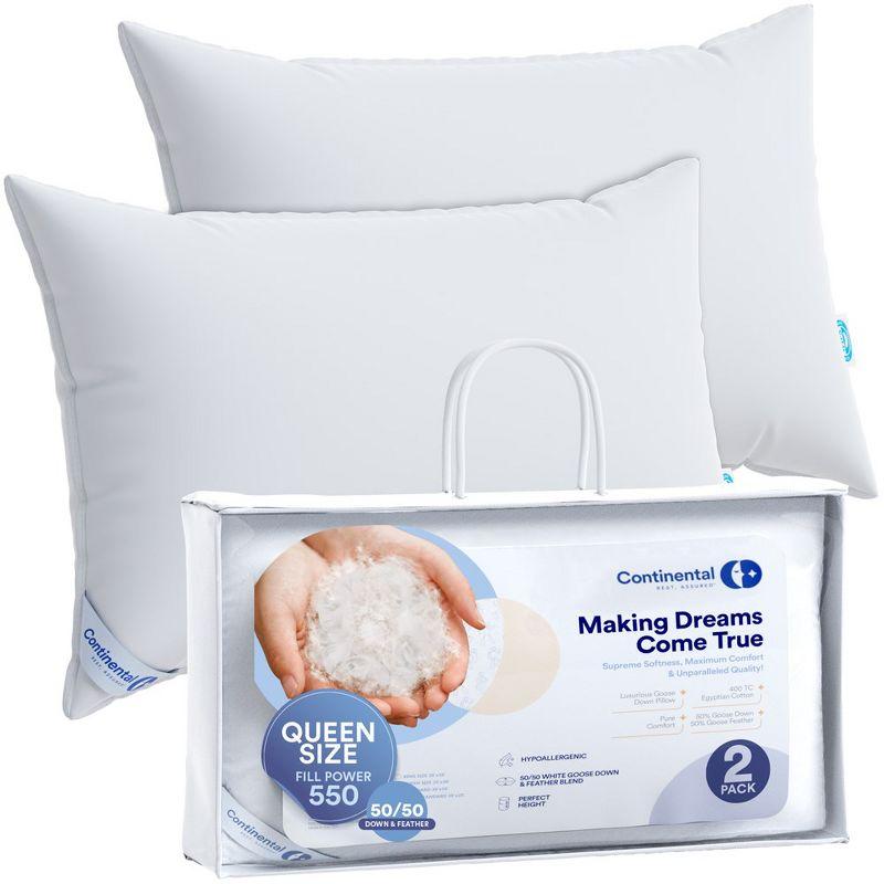 Continental Bedding 50% White Goose Down and 50% White Goose Feather Blend - Queen Size Pillow - Set of 2
