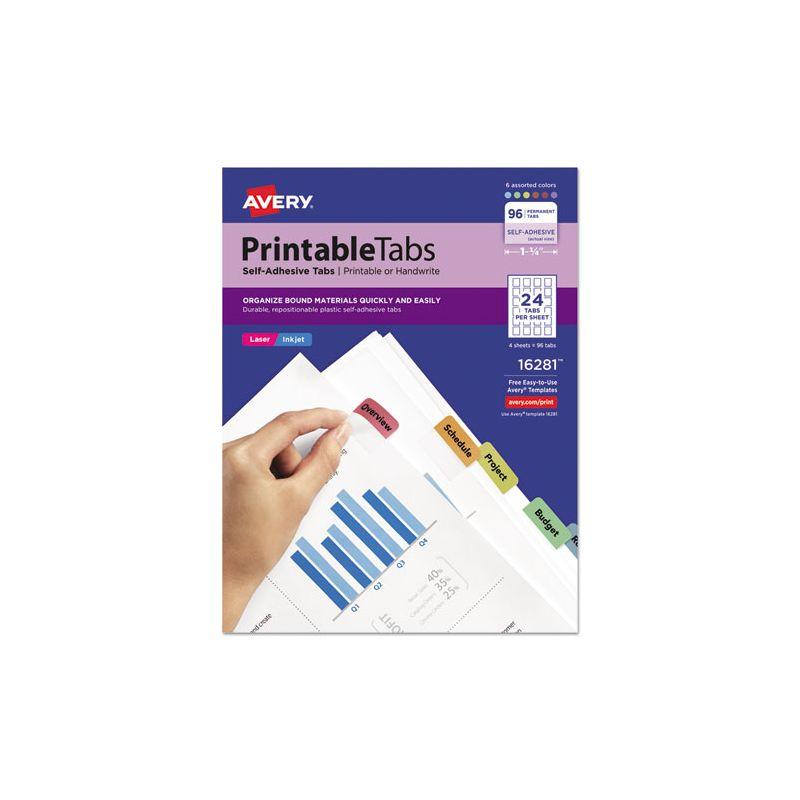 Avery Printable Plastic Tabs with Repositionable Adhesive, 1/5-Cut, Assorted Colors, 1.25" Wide, 96/Pack