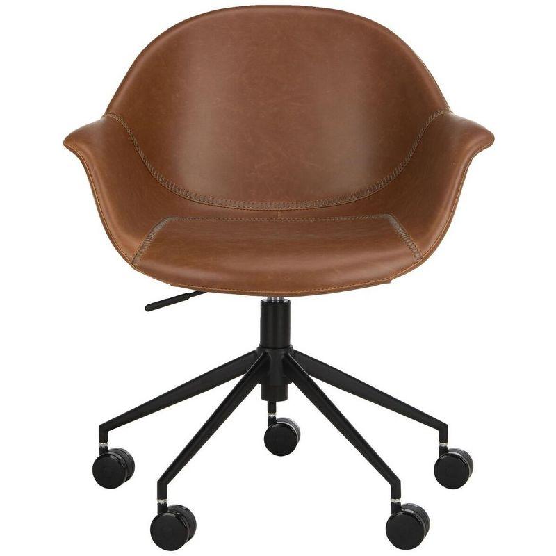 Transitional Ember Swivel Task Chair in Light Brown Leather and Black Wood