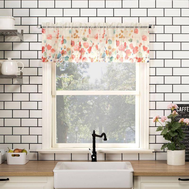 Rosalind Watercolor Floral Semi-Sheer Rod Pocket Kitchen Curtain Valance and Tiers Set Poppy Red - No. 918