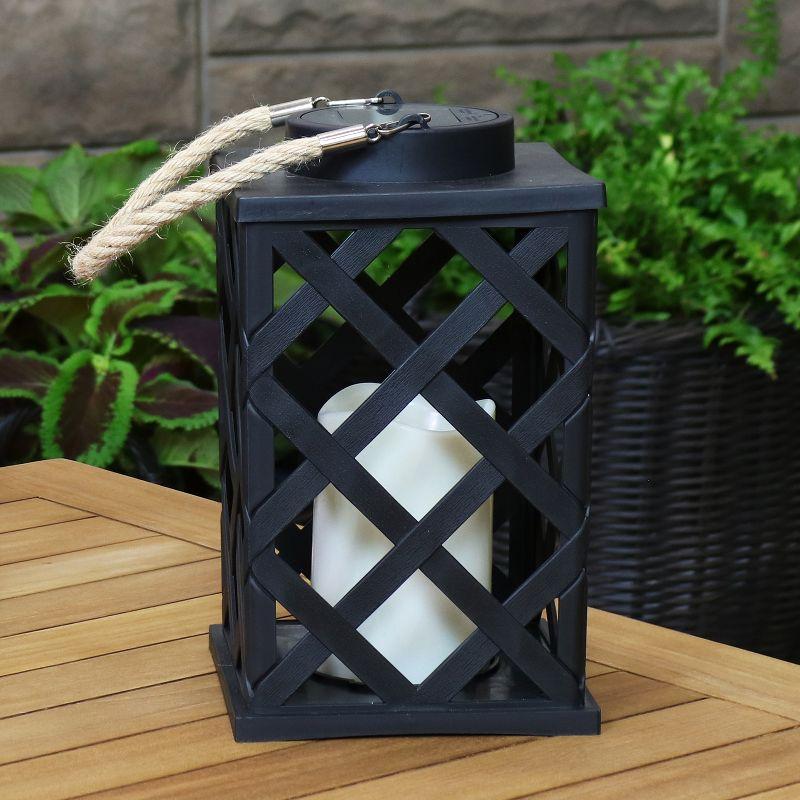 Sunnydaze Outdoor Modern Crosshatch Hanging Tabletop Solar LED Rustic Farmhouse Decorative Candle Lantern - 9"