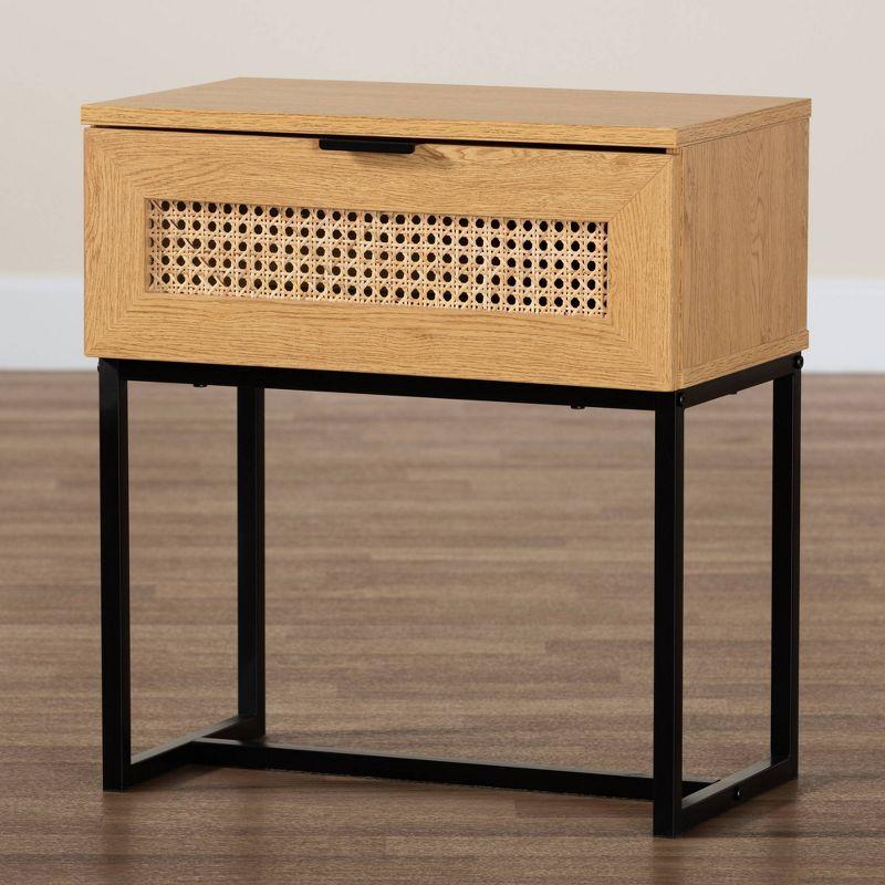 Sawyer Wood and Metal 1 Drawer End Table with Natural Rattan Oak Brown/Black - Baxton Studio: Mid-Century Bedside Furniture