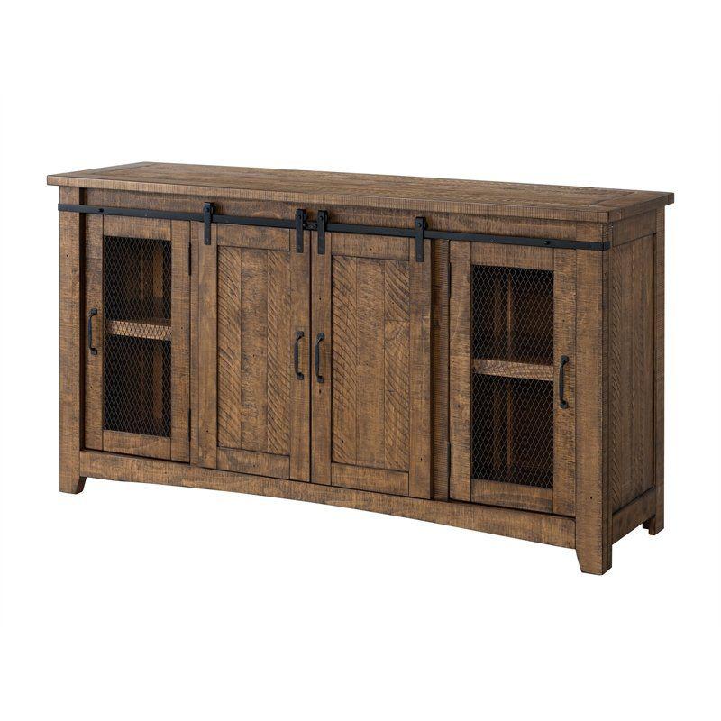 Rustic Pine and Black Metal Mesh 65" TV Stand with Cabinet