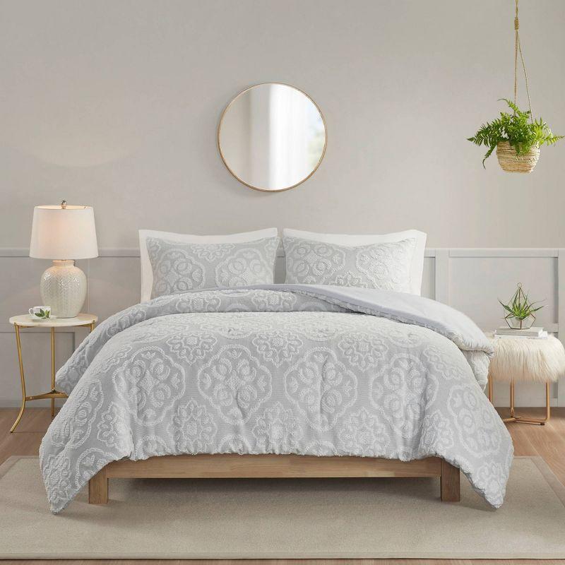 Full White Microfiber Tufted Medallion Comforter Set