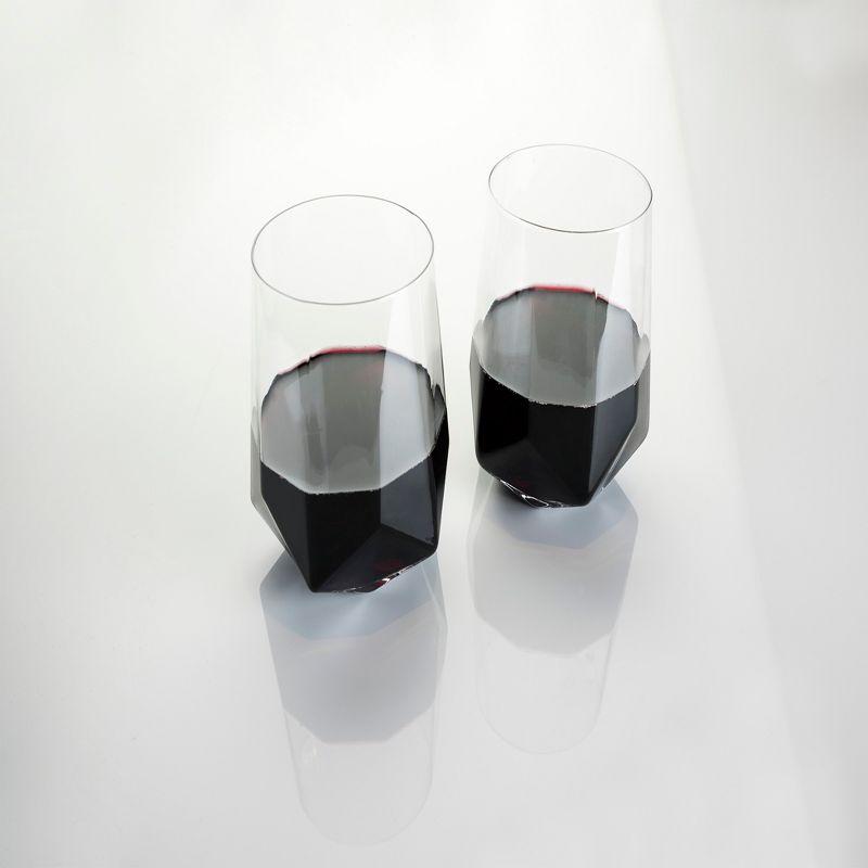 Viski Raye Faceted Crystal Wine Glasses Set of 2 - Premium Crystal Clear Glass, Modern Stemless, Wine Glass Gift Set, 20 oz