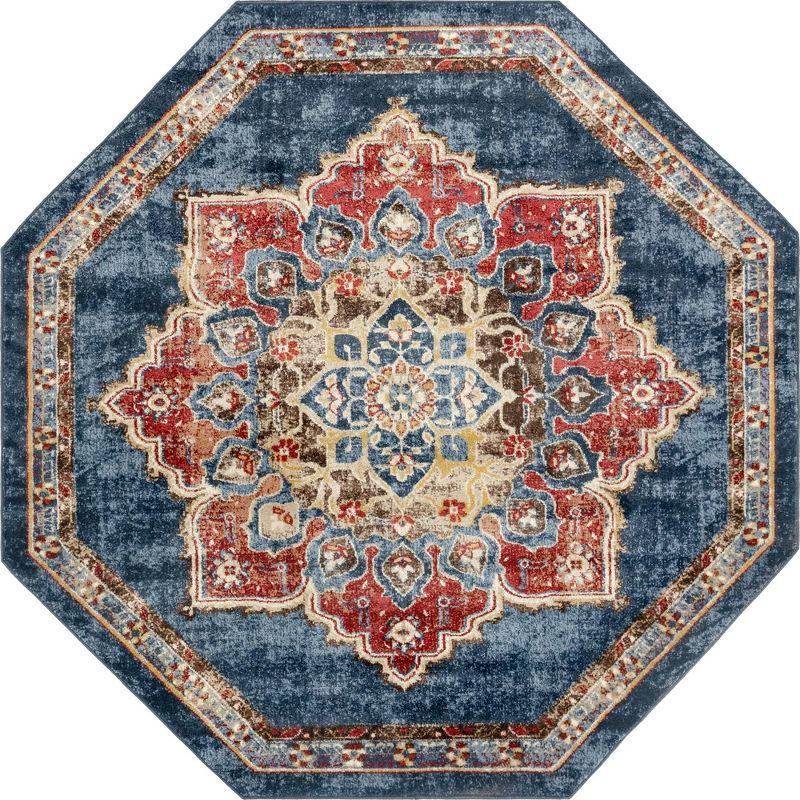 Utopia Collection Navy Blue Abstract 7' Octagon Synthetic Rug