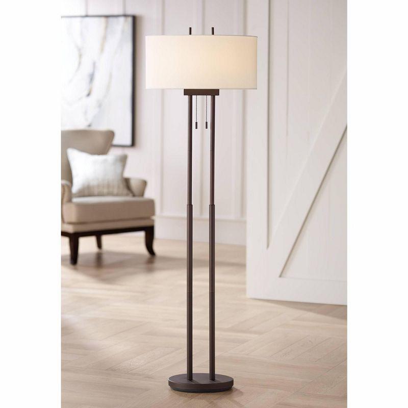 Franklin Iron Works Roscoe Modern Floor Lamp Standing 62" Tall Oil Rubbed Bronze Twin Pole White Drum Shade for Living Room Bedroom Office House Home