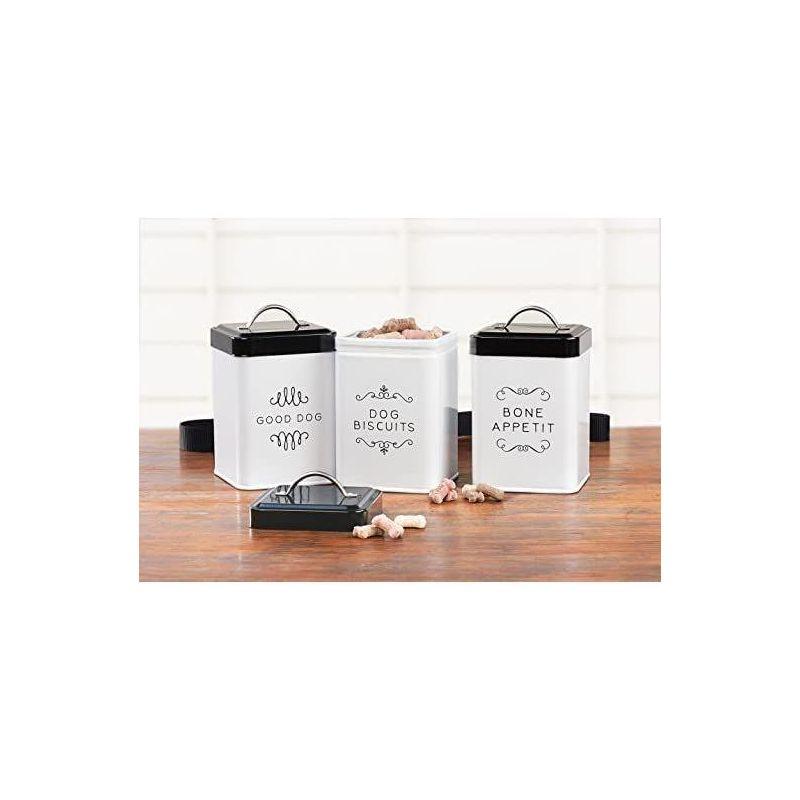 Amici Pet Treat Storage, Sparky Bone Appetit, Dog Biscuits, & Good Dog Metal Storage Canister, White & Black Push Top Lid, Set of 3,36 oz.