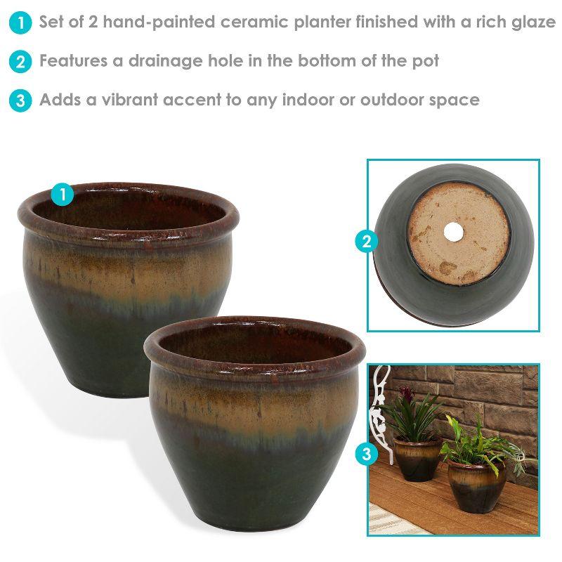 Sunnydaze Chalet Outdoor/Indoor High-Fired Glazed UV- and Frost-Resistant Ceramic Planters with Drainage Holes - 2-Pack