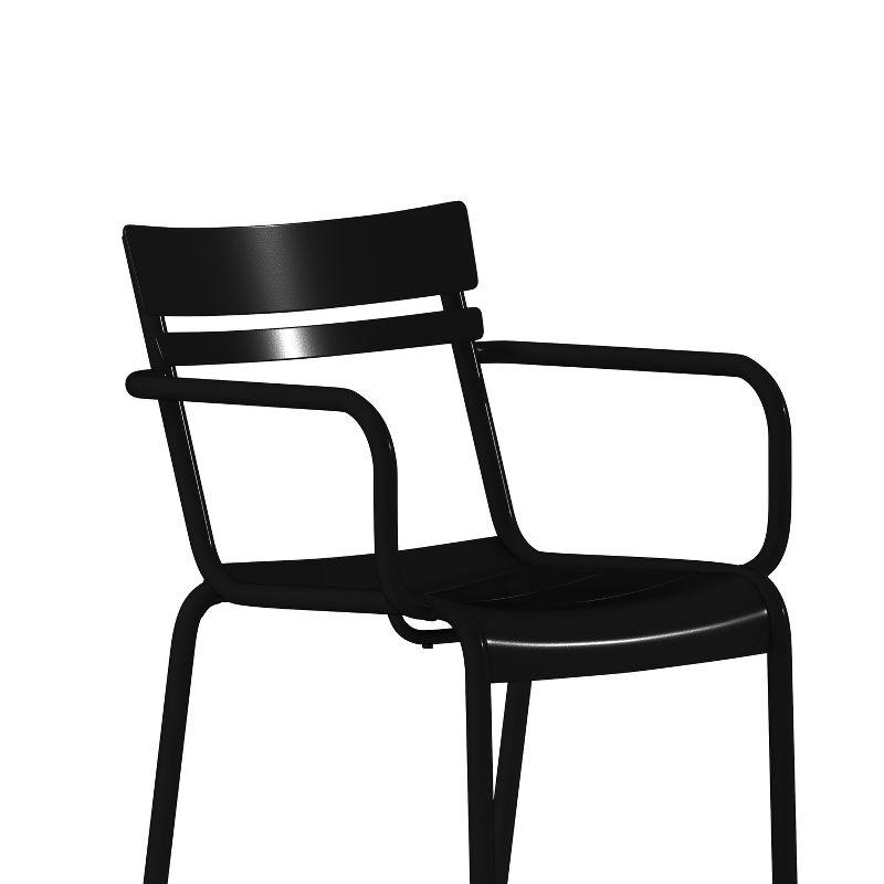 Emma and Oliver Set of 2 Powder Coated Steel Stacking Dining Chairs with Arms and 2 Slat Backs for Indoor-Outdoor Use in Black
