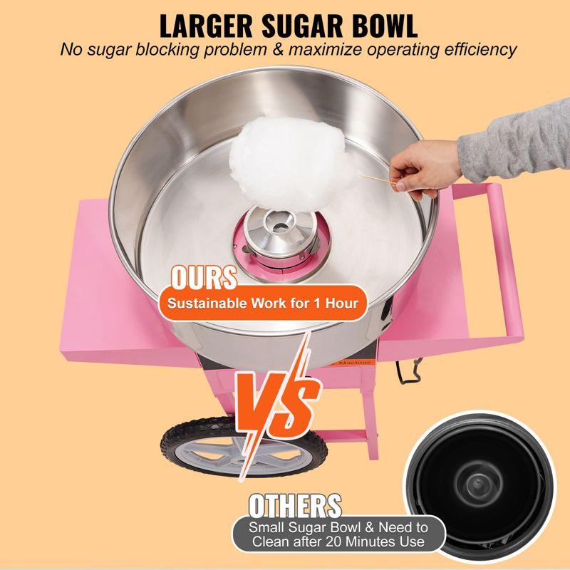VEVOR Electric Cotton Candy Machine with Cart, 1000W Commercial Floss Maker with Stainless Steel Bowl, Sugar Scoop and Drawer, Pink