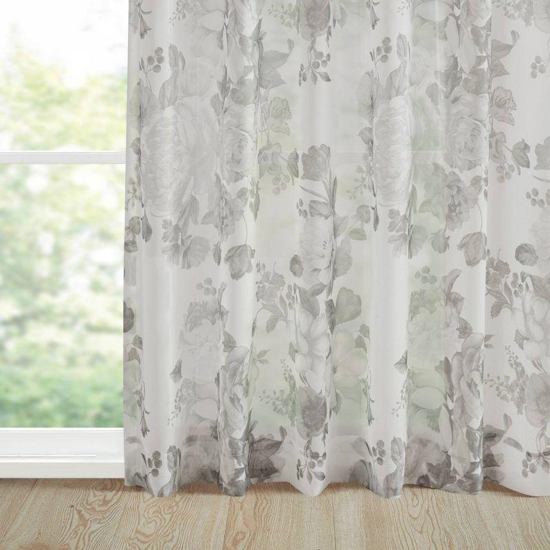 White Floral Twist Tab Top Sheer Polyester Curtain Panel