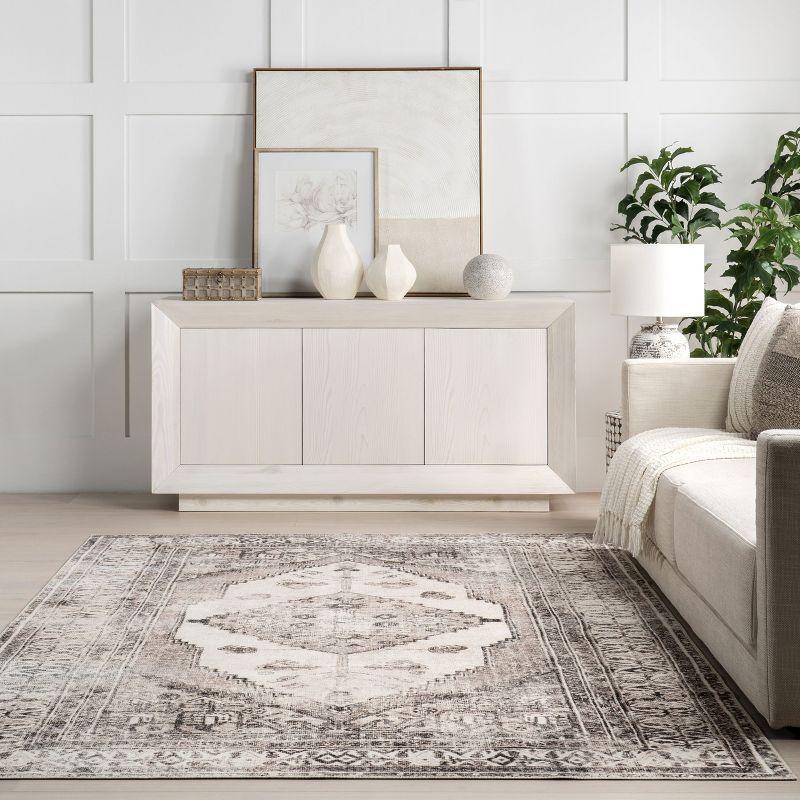 Nuloom Gladys Pet Friendly Machine Washable Vintage Medallion Area Rug, 4' x 6', Light Grey