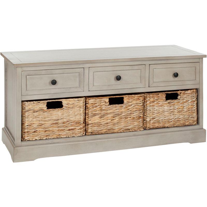 Transitional Gray 42" Solid Wood Storage Bench with Wicker Baskets