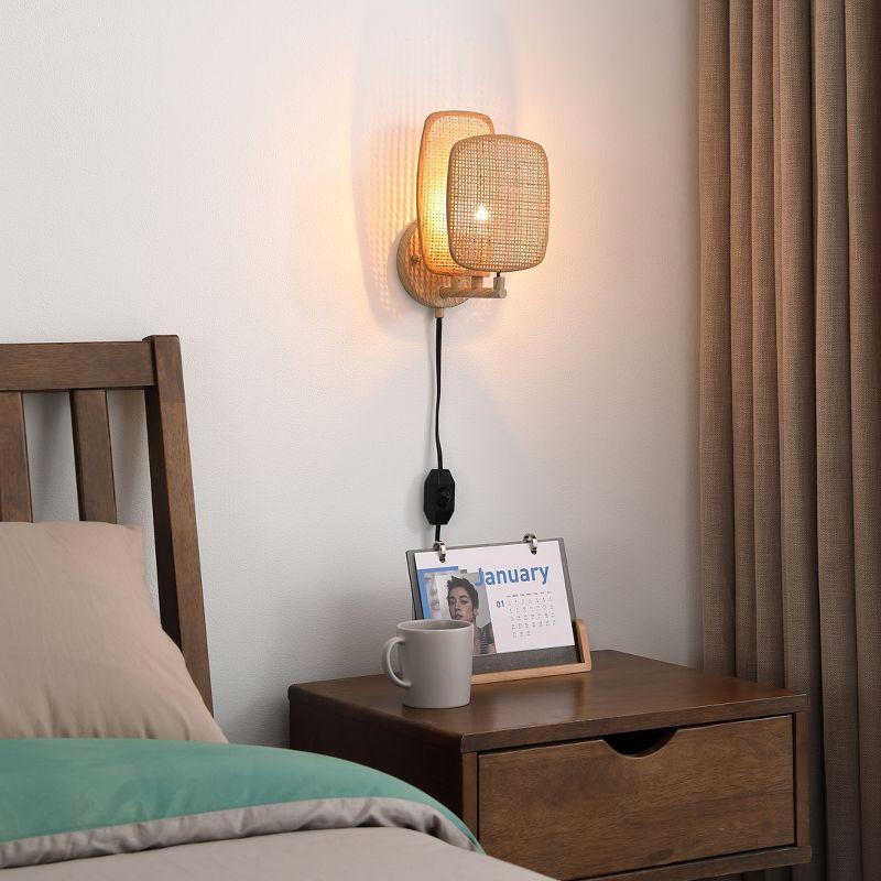 Amud 1 - Light Natural Woven Bamboo Plug-in Armed Sconce, With Dimmer Switch