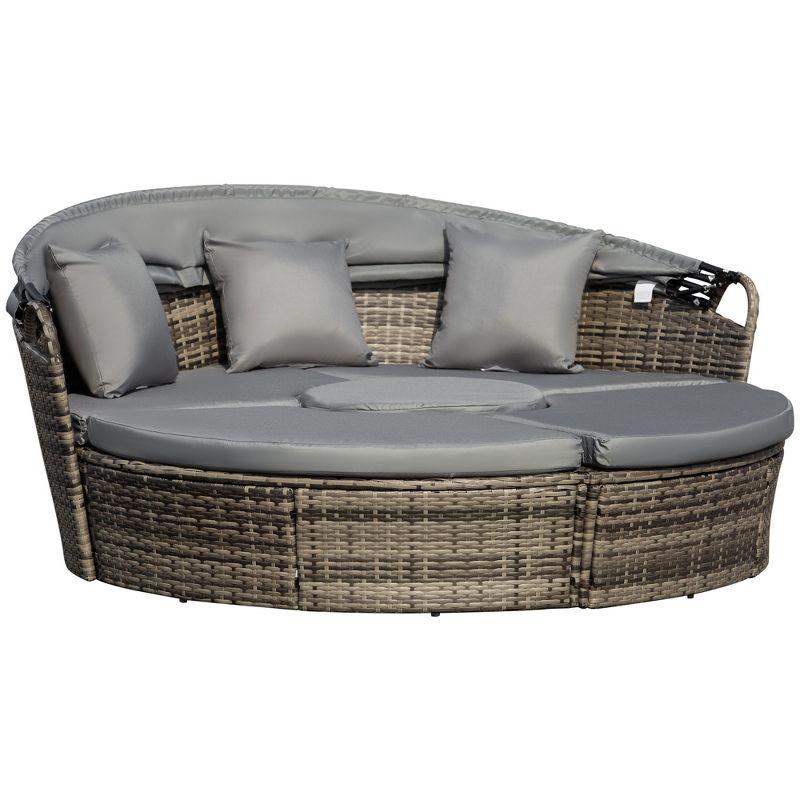 Outsunny Round Daybed, 4-piece Cushioned Outdoor Rattan Wicker Sunbed or Conversational Sofa Set with Sun Canopy, Dark Gray