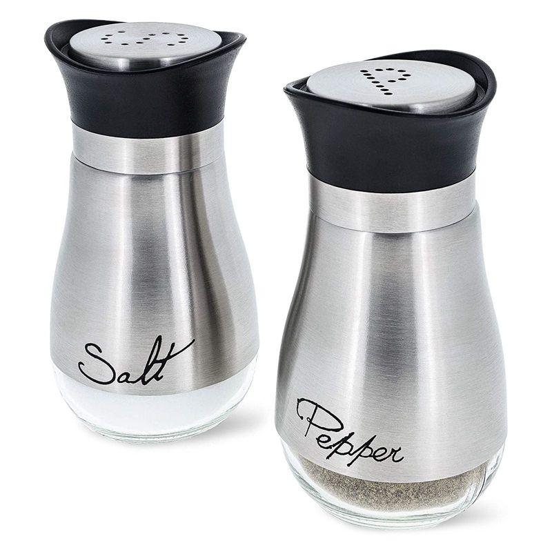 Juvale Stainless Steel Salt and Pepper Shakers Set with Glass Bottom, Perforated "S" and "P" Caps - Modern Kitchen Decor (4oz)