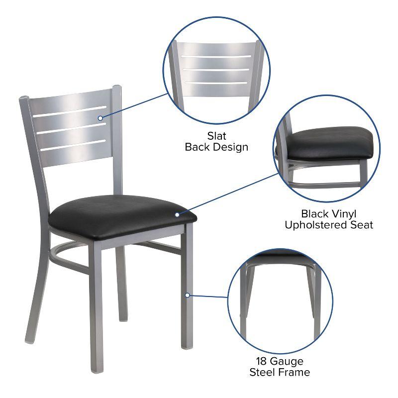 Elevated Slat Back Silver Steel Side Chair with Black Vinyl Seat