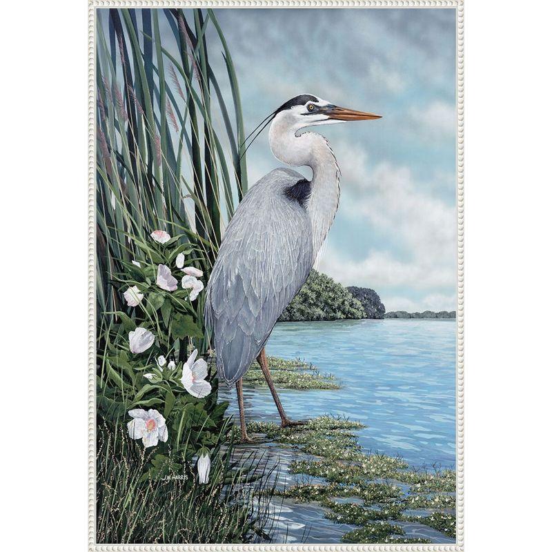 Great Blue Heron Coastal Scene Canvas Art with White Frame