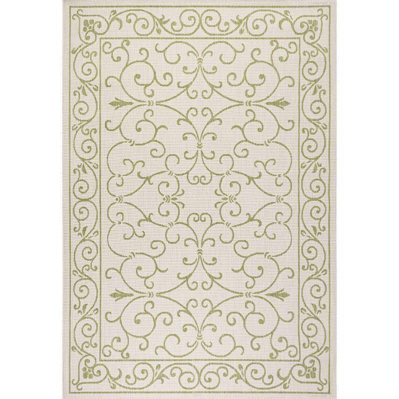 9' x 12' Charleston Vintage Filigree Textured Weave Indoor/Outdoor Area Rug, Cream/Green - JONATHAN Y