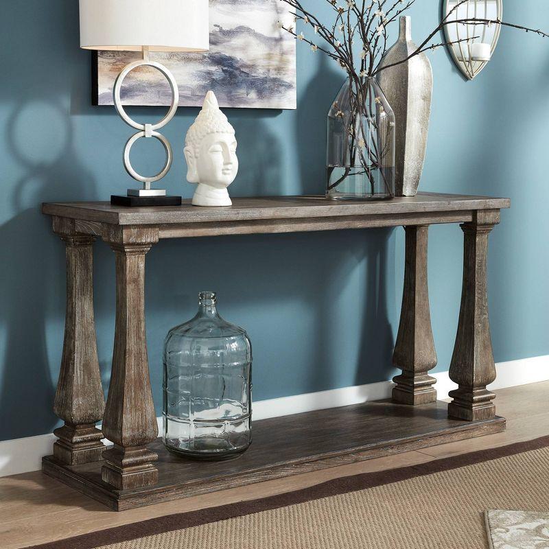 Johnelle Sofa Table Gray: Distressed Elm Veneer, Square Baluster Legs - Signature Design by Ashley