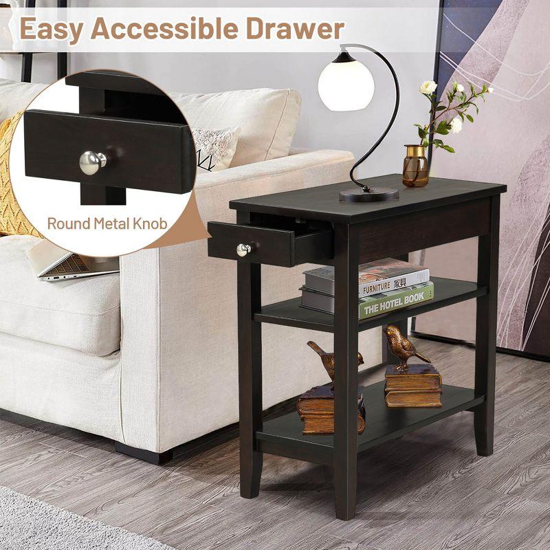 Costway 3-Tier Side End Table with Drawer Double Shelf Narrow Nightstand Espresso\Black