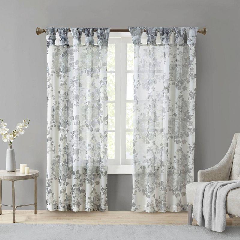 White Floral Twist Tab Top Sheer Polyester Curtain Panel