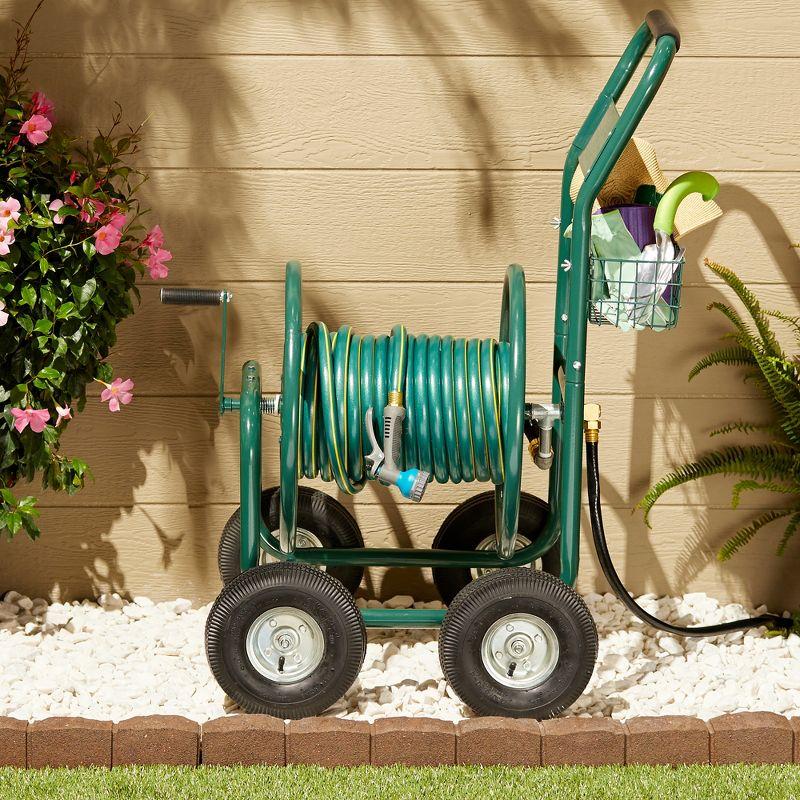 Liberty Garden Products LBG-872-2 4 Wheel Hose Reel Cart Holds up to 350 Feet of 5/8" Hose with Basket for Backyard, Garden, or Home, Green