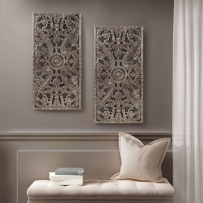 2pc Botanical Carved Wall Decor Panel Set Bronze - Madison Park: MDF Antique Finish, Vertical Orientation