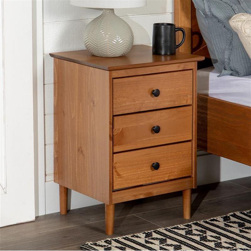 Caramel Solid Wood 3-Drawer Nightstand with Black Knobs