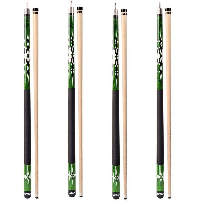 Set of 4 Green and Natural Maple 58" Pool Cue Sticks