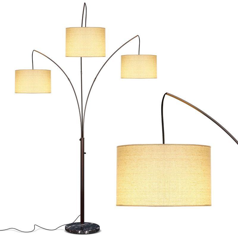 Brightech Trilage 84 in. Mid-Century Modern 3-Light Adjustable LED Arched Standing Floor Lamp with 3 Fabric Drum Shades