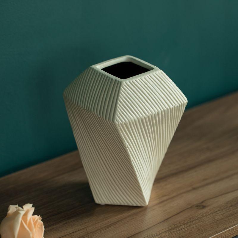 Uniquewise 7" H Decorative Ceramic Square Twisted Centerpiece Table Vase Beige, Small