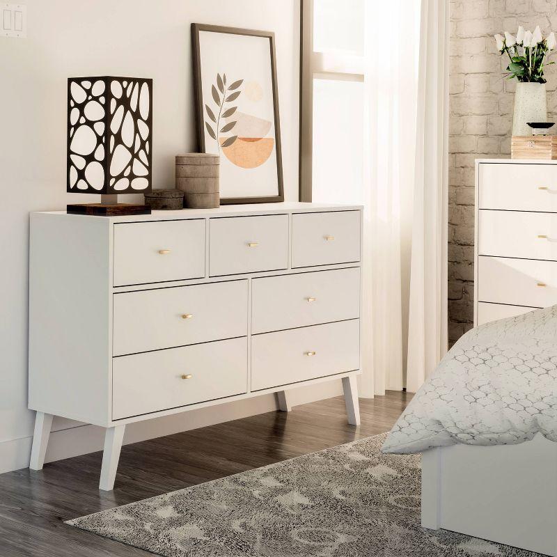 Prepac 7 Drawer Milo Mid-Century Modern Dresser White: Laminated, Metal Glides, MDF Composite