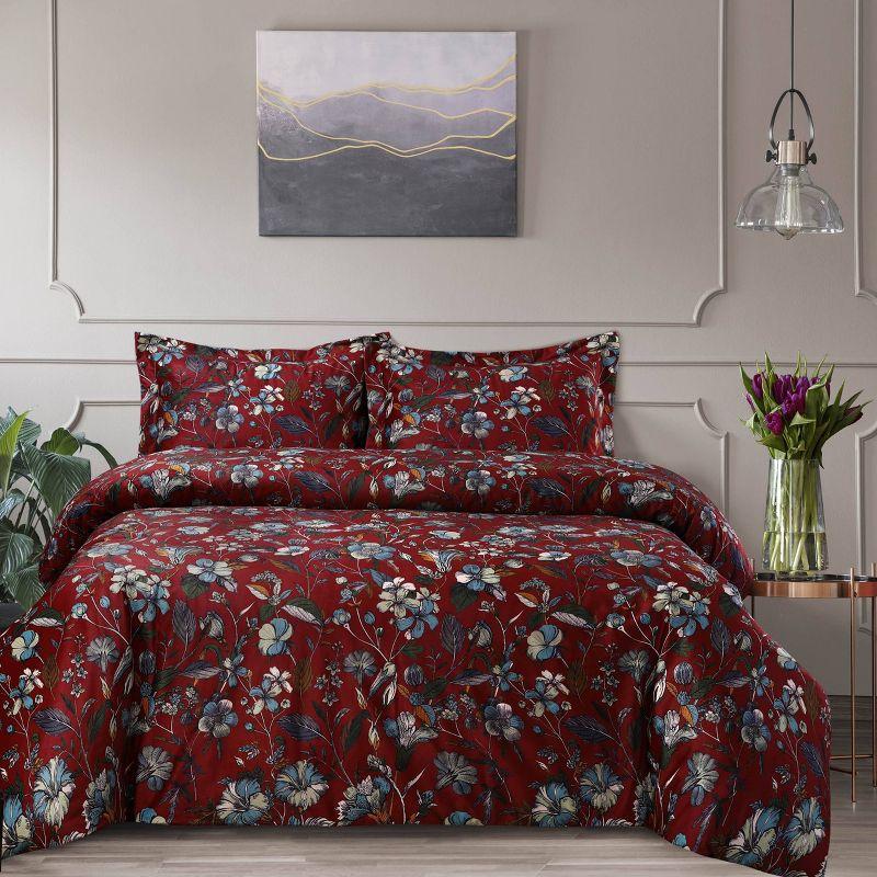 Amara Garnet Queen Floral Velvet Duvet Cover Set