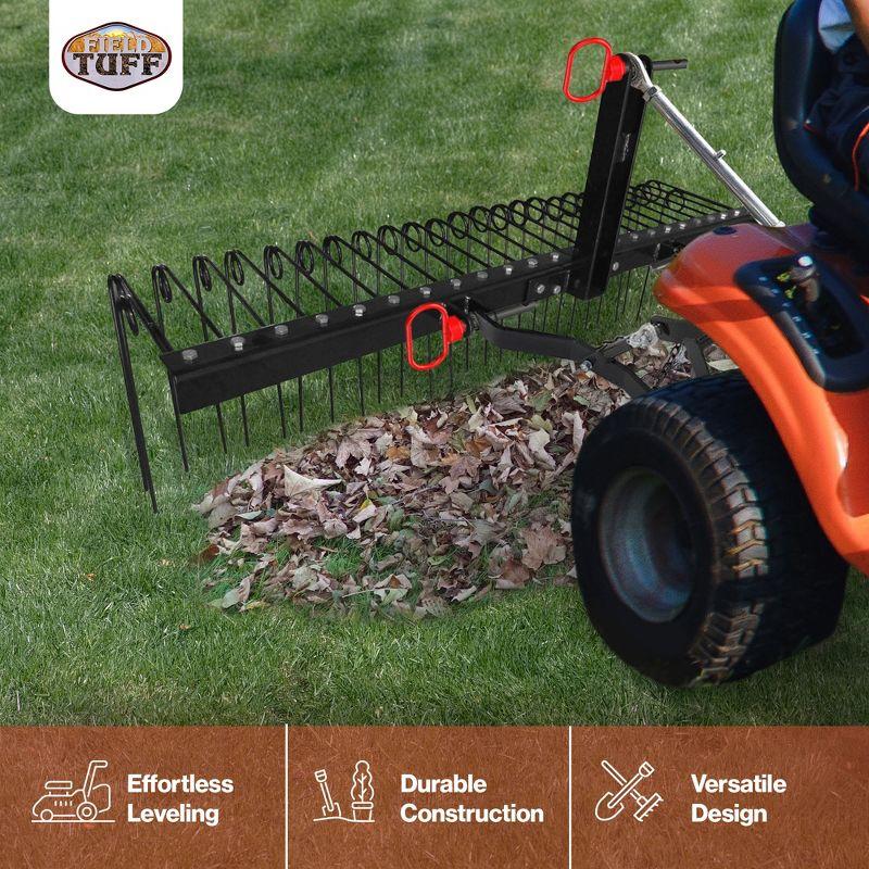 Field Tuff Steel Spring Coil Tine Tow Behind Landscape Rake for Leaves, Pine Needles, Straw, and Grass with 3 Point Hitch Receiver Attachment, Black