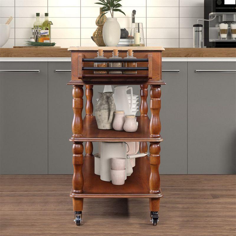 Walnut Oak Rolling Kitchen Cart with Spice Rack and Storage