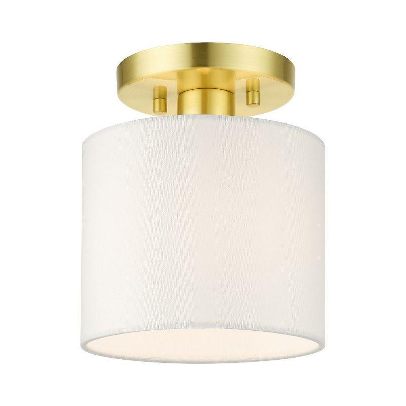 Meridian Petite Satin Brass Semi-Flush Mount with Off-White Drum Shade