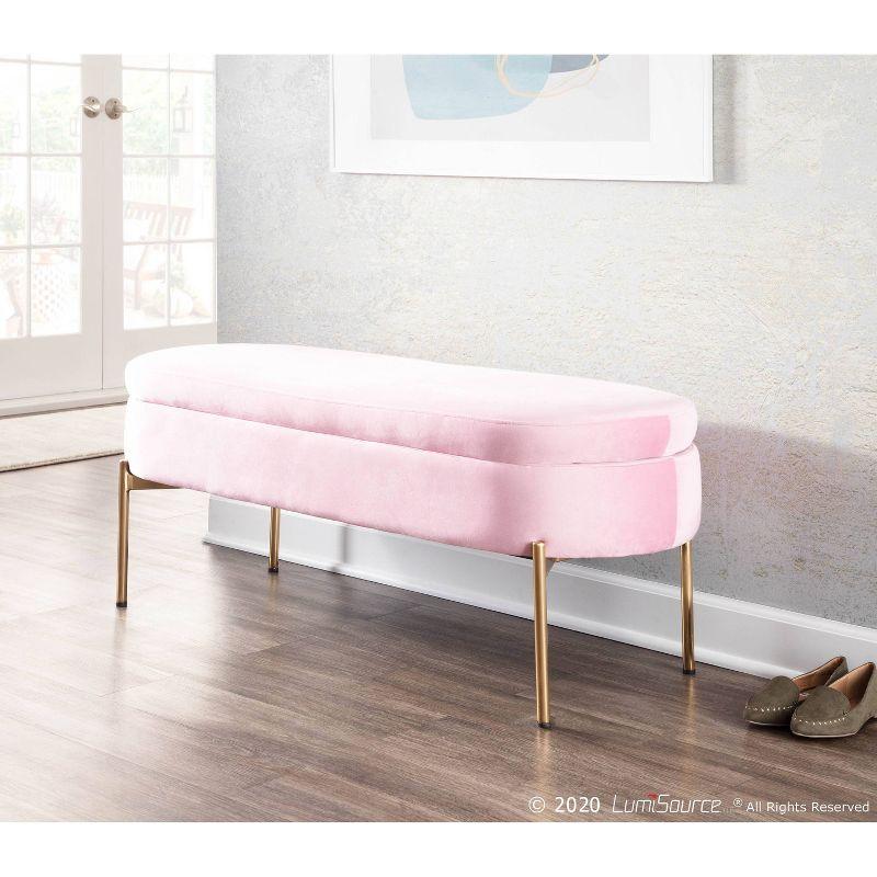 48" Chloe Contemporary Upholstered Storage Bench Gold/Blush Pink - LumiSource: Velvet, Flip-Top Lid, Metal Base