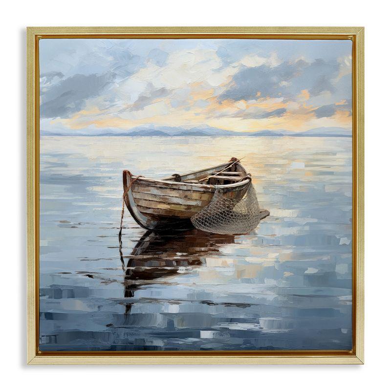 Fishing Boat on Calm Waters Canvas Painting with Gold Frame, 18" x 18"