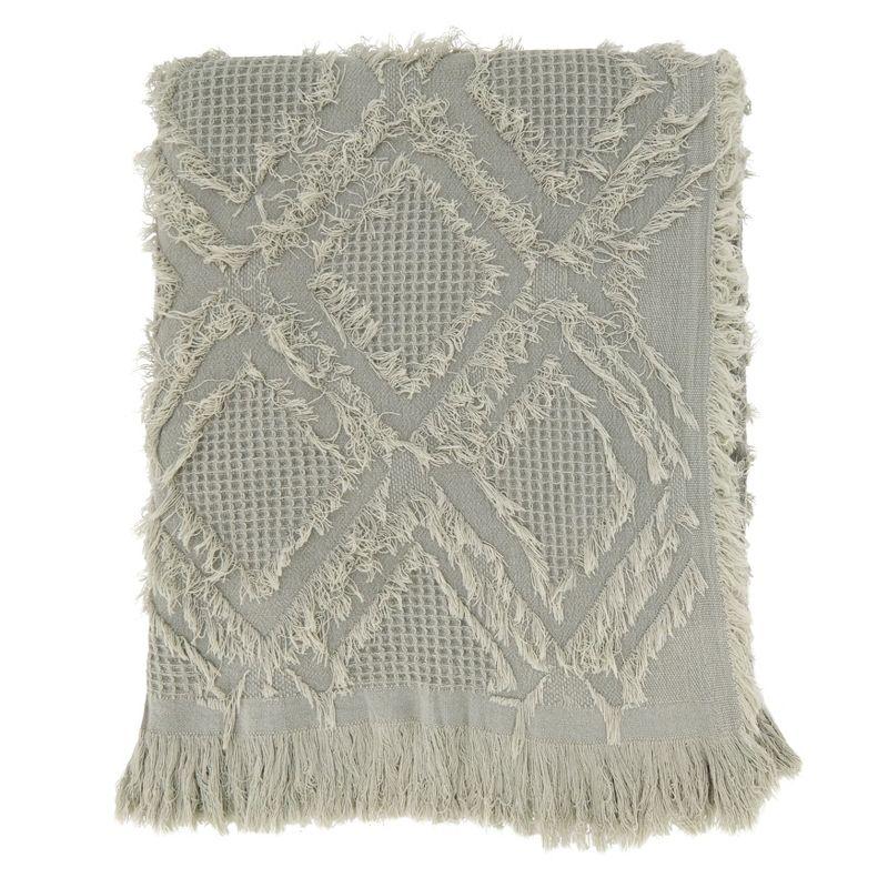 Blue & Grey Cotton Fringe Waffle Weave Throw Blanket