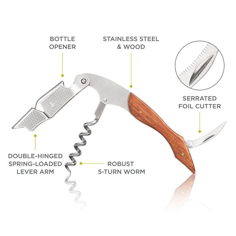 True Sommelier Waiter Corkscrew Spring Loaded Double Lever Wine Opener Waiters Bartender Accessory, Stainless Steel and Wood, Set of 1